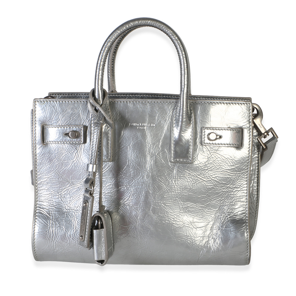 Saint Laurent Silver Metallic Crinkled Calfskin Nano Supple Sac De Jour